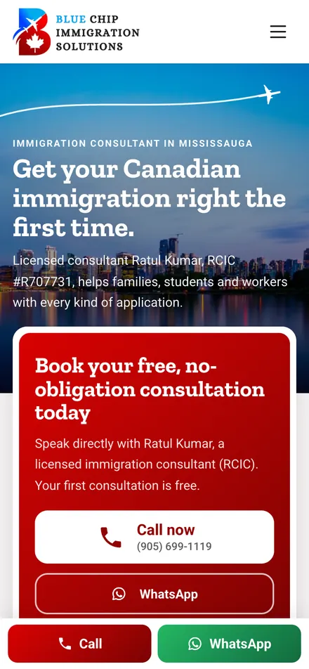 Blue Chip Immigration homepage on a phone