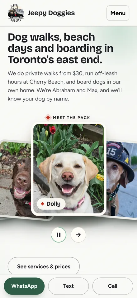 Jeepy Doggies homepage on a phone